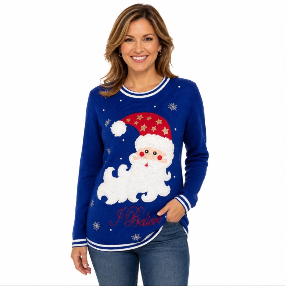 HOLIDAY TIME 🎅 “I Believe” Royal Blue Santa Christmas Sweater Size Large 💥🆕💥